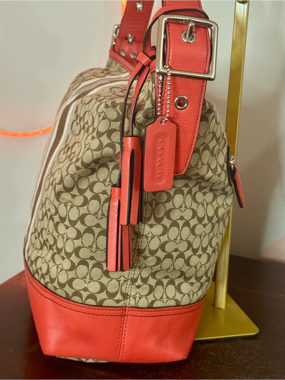 Coach Legacy Signature Stripe Duffle with Coral Trim and Tassels - Picture 5 of 12